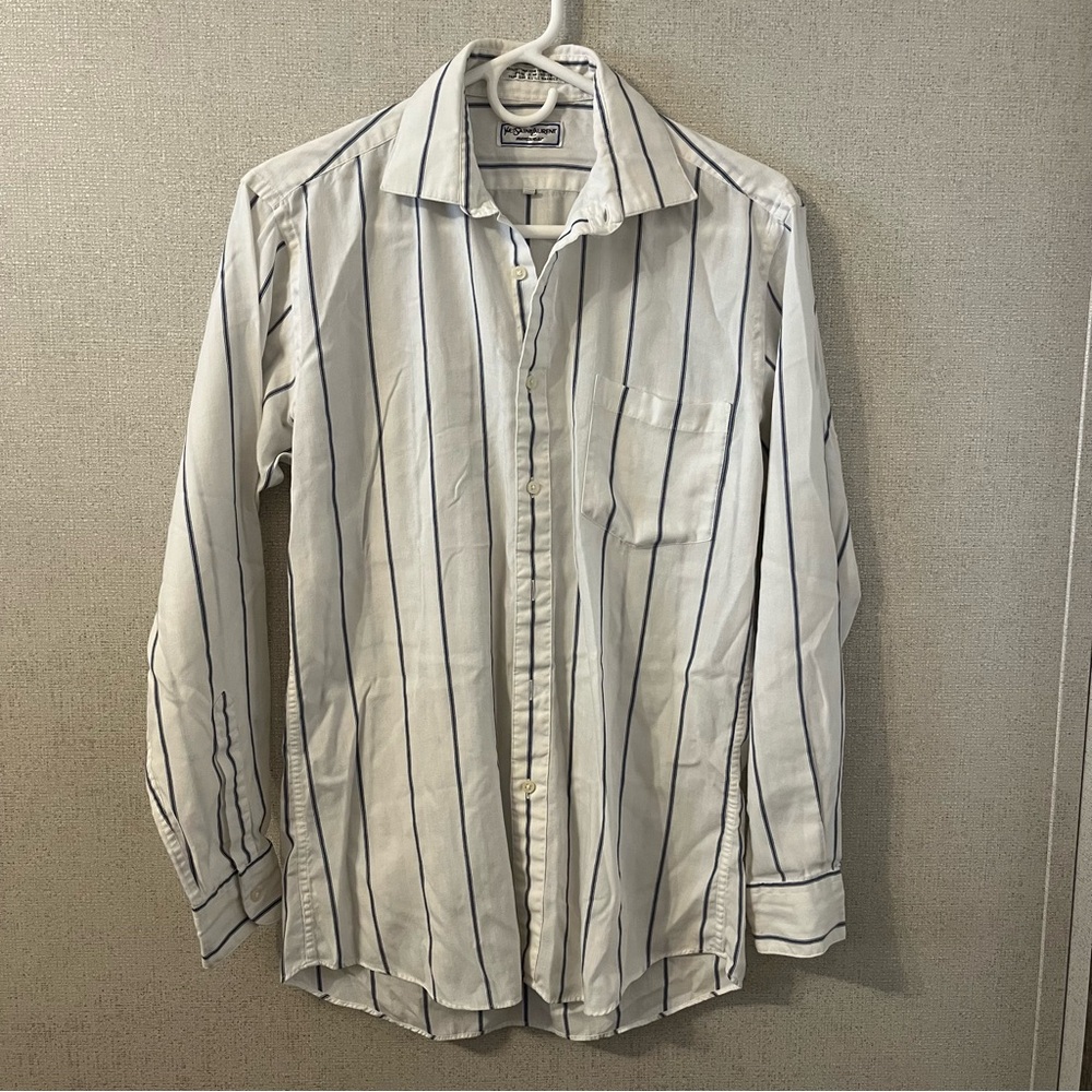 Yves Saint Laurent White Button-Down Shirt with Navy Pinstripes